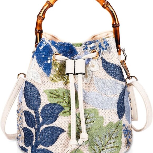 Handbags - Women Crossbody Bag Straw Tote with Bamboo Handle Beach Vacation Fashion